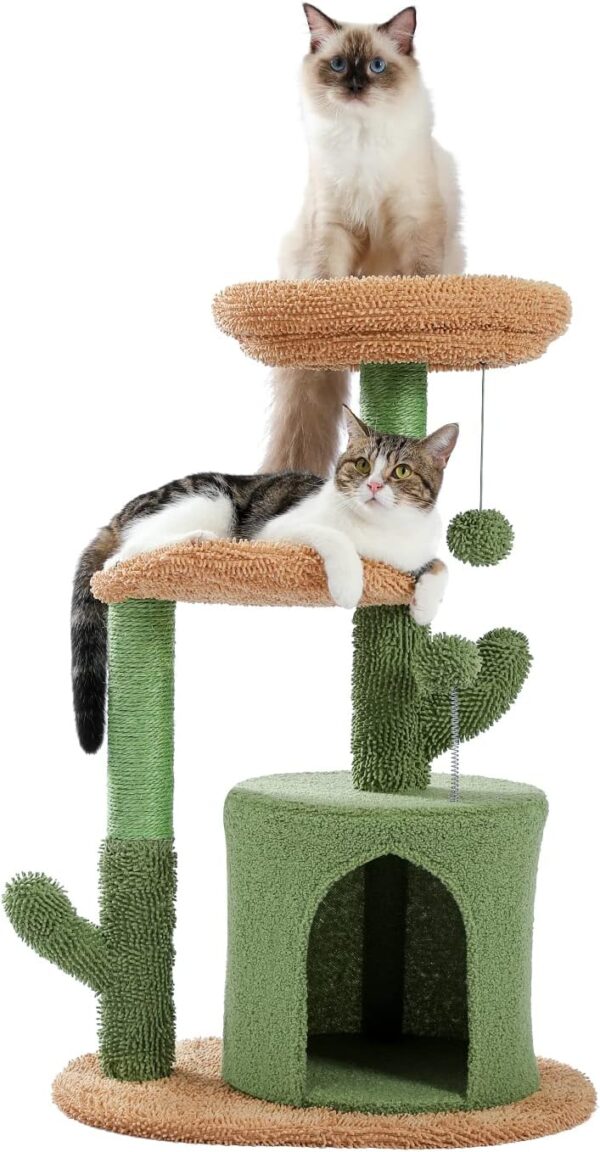 PETEPELA Small Cat Tree 83cm Modern Cactus Cat Tree Scratching Post for Small to Medium Size Cats Cat Tree with Plush Cave Bobble Ball Sisal Rope Scratching Post - Image 6