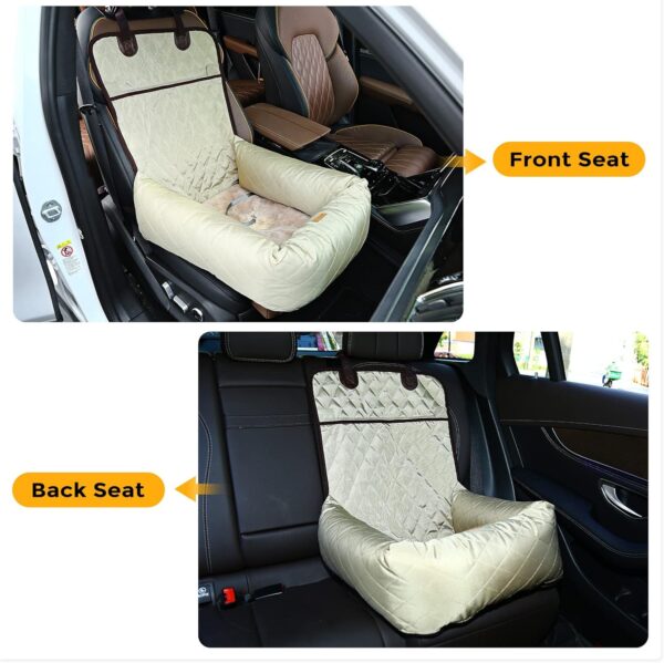 HAPPY HACHI Dog Bed Car Seat Cover Pet Car Booster Seat 2 in 1 Front Back Protector Pet Lookout Portable Car Seat Travel Vehicle Carrier with Thick Kennel and Safety Strap(Beige) - Image 4