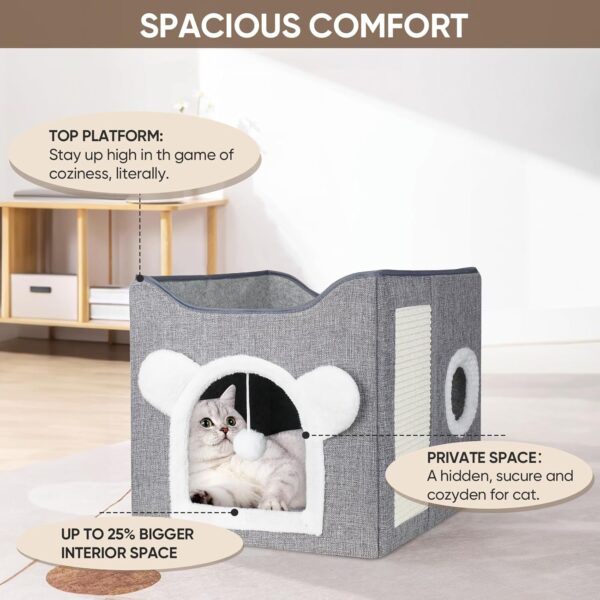 Furjoy Cat Beds, Large Cat Cave for Pet Cat House with Fluffy Ball Hanging and Scratch Pad, Cat Houses & Condos, Cat Cubes, Cat Hideaway, Covered Cat Bed for Multi Small Pet Large Kitty - Image 2