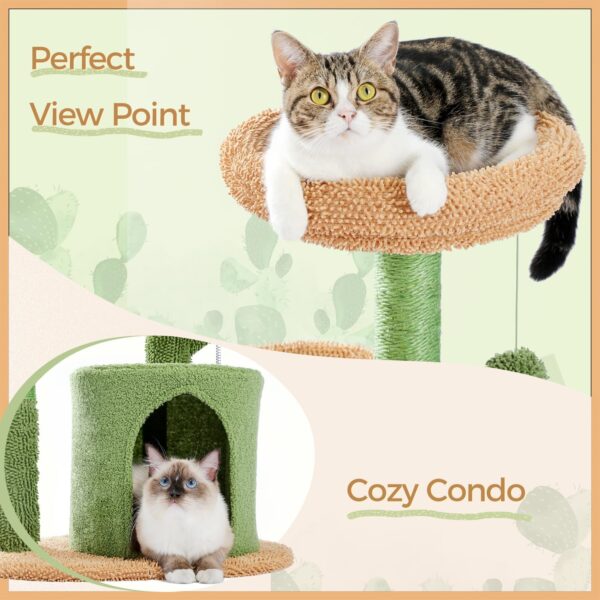 PETEPELA Small Cat Tree 83cm Modern Cactus Cat Tree Scratching Post for Small to Medium Size Cats Cat Tree with Plush Cave Bobble Ball Sisal Rope Scratching Post - Image 3