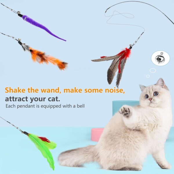 Hianjoo Cat Feather Teaser Set 12 pcs, Interactive Toys for Cats 2 Retractable Cat Wand Funny Sticks and 10 Replacement Feather Toys with Bell for Kitten Cat Catcher Having Fun Exercise Playing - Image 6