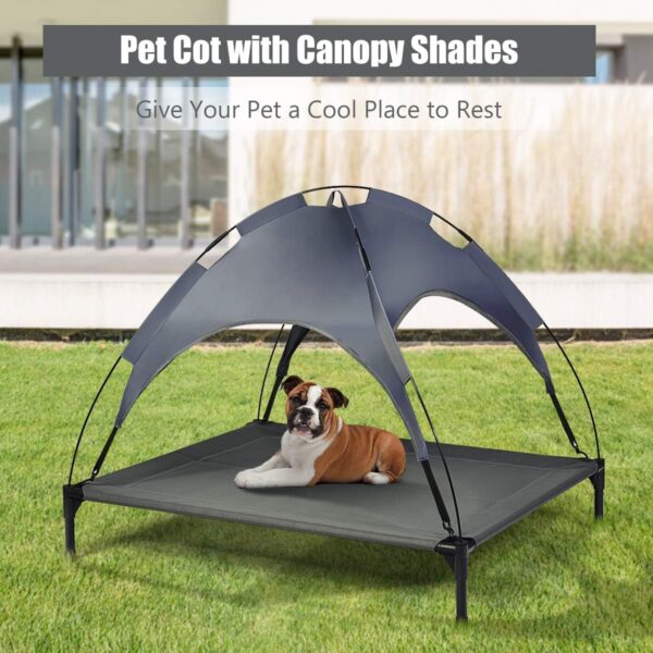 COSTWAY Raised Dog Bed, Elevated Pet Cot with Removable Canopy, Breathable Fabric & Steel Frame, Portable Cooling Dog Bed Tent for Camping Beach Lawn - Image 3