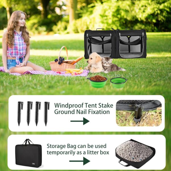 wakytu Portable 2-in-1 Pet Carrier for Medium Dogs Large Cat 2 Cats Travel Double Dog Crate Set with Carry Bag/Hammocks/Mats/Tent Stakes/2 Pcs Bowls Outdoor Camping, 2.0 Black - Image 4