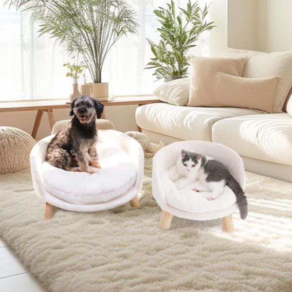 BingoPaw Cat Sofa Chair Bed: Elevated Nordic Pet Stool Bed with Removable Waterproof Mat - Raised Plush Fur Dog Kitten Couch with Wooden Legs Frame (Dia 60cm) - Image 3