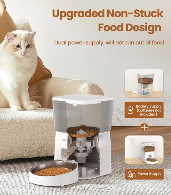 ROJECO Automatic Cat Feeder, 2.4G WiFi APP Control Cat Feeder, Dual Power Supply Pet Feeder with Stainless Steel Bowl, Time & Portion Programmable 10 Meals, 1 to 20 Portions Per Meal Suitable for Pet - Image 3