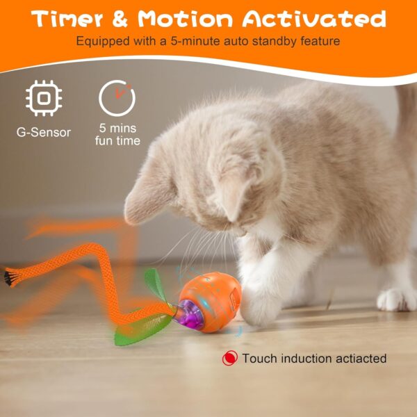 IOKHEIRA Interactive Cat Toy, 3 Modes Irregular Movement Cat Toys for Indoor Cats Adult, Electric Automatic Moving Ball Toy, USB Charging Kitten Toys with Long Tail Teaser/Simulation Bird Sound - Image 3