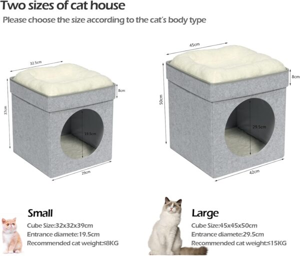 Bonlife Felt Cat House Indoor,Foldable Pets Bed Small Cave Kennel with Two Move Cushion,Winter Dog Bed Warm Comfortable,Light Grey,32X32X39CM - Image 2