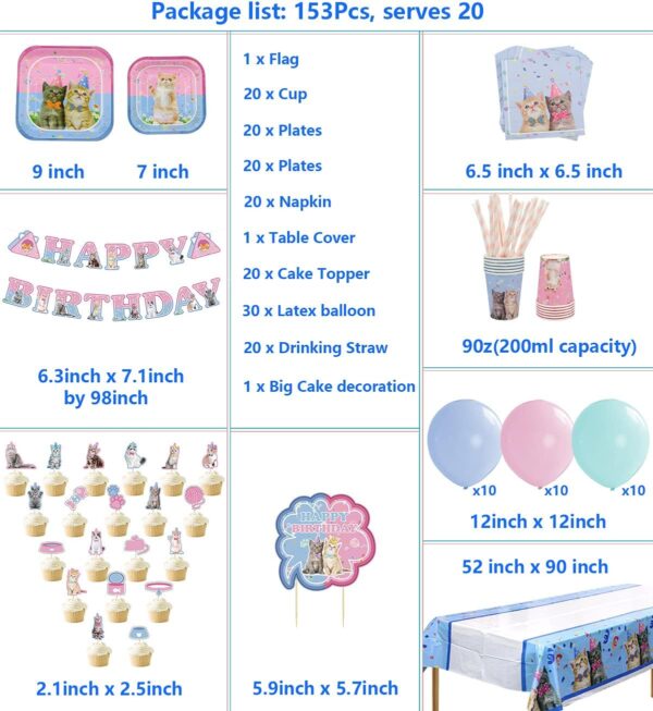 Cat Party Supplies Set, Kitten Dinnerware Including Happy Birthday Banner Macaron Balloons Dinner Plates Dessert Plates Napkins Cups Cutlery Cupcake Toppers - Serves 20 - Image 2