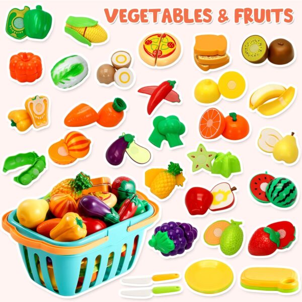 JOYIN 71Pcs Cutting Play Food Toy for Toddlers Kitchen, Fake Food for Kids Play Kitchen, Includes Plastic Fruit &Vegetables, Storage Basket, Mini Dishes and Knife, Pretend Play Toys, Toddler Gifts - Image 2