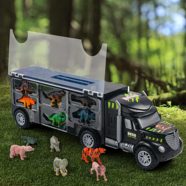 Akokie Dinosaur Toys for Boys Girls - Kids Toys Transport Carrier Truck with Dinosaur Toys Animals Toys 12 Pcs Double Side Storage Set Birthday Easter Gifts for Kids Boys Girls 3 4 5 Years Old - Image 4