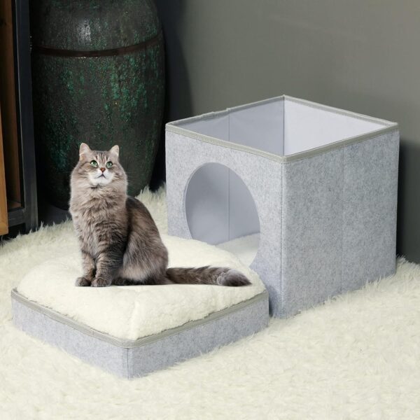 Bonlife Felt Cat House Indoor,Foldable Pets Bed Small Cave Kennel with Two Move Cushion,Winter Dog Bed Warm Comfortable,Light Grey,32X32X39CM - Image 4