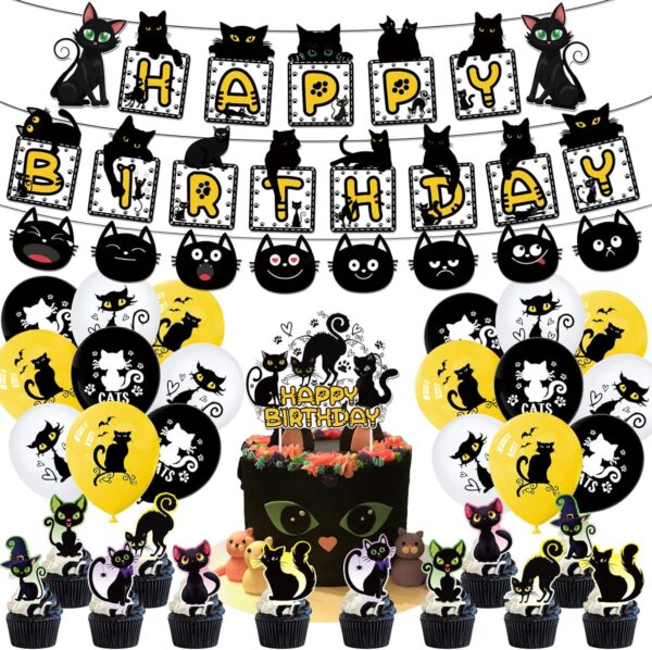 Black Cat Birthday Party Supplies Cat Themed Party Decoration Set Includes 5 x 3ft Black Cat Backdrops, Cat Happy Birthday Banner, Cake Topper, Cupcake Toppers, Balloons - Image 7