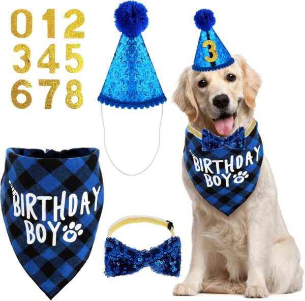 WLLHYF Dog Birthday Party Supplies, Birthday Boy Dog Bandana Set Birthday Hat with Numbers Dog Bow Tie for Small Medium Large Dogs Pets (XL Bandana) - Image 8