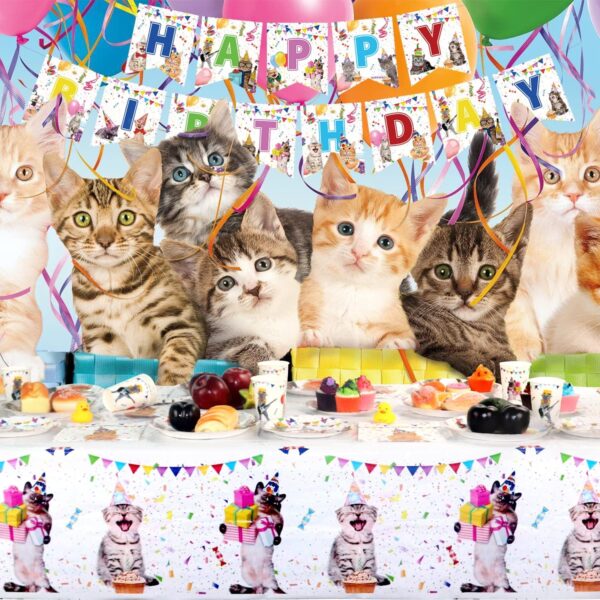 Cat Birthday Party Supplies Decorations Set - Kitten Dinnerware - Happy Birthday Banner Plates Napkins Cups Tablecloths Straw Cupcake Toppers - Serves 20 - Image 8