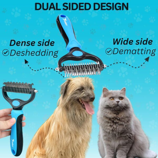 Candure Dematting Comb for Dog and Cat, Pet Grooming Rake and Brushes for Small, Medium & Large Dogs 17+9 Double Sided Deshedding Tool Removes Knots and Tangled Hair (Blue) - Image 2