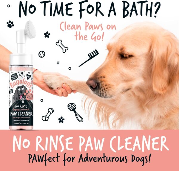 Bugalugs Dog Paw Cleaner No Rinse Foam Cat & Dog shampoo with Silicone Brush Head, waterless grooming products. Travel friendly paw cleaner for dogs defeat muddy paws on the go (Papaya & Coconut) - Image 3