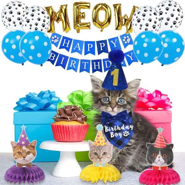 JOTFA Cat Birthday Party Supplies, Kitten Bandana with Hat Bow Tie Number Banner Balloons Meow Letter for Decorations, Blue - Image 7