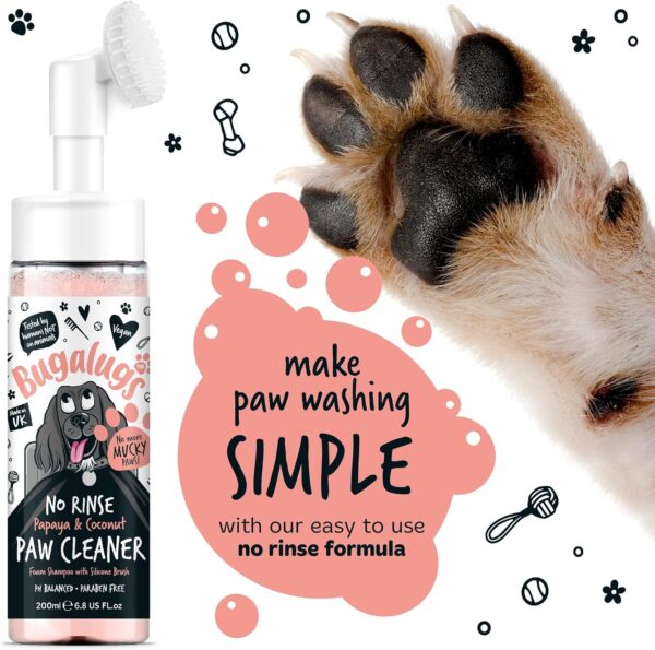 Bugalugs Dog Paw Cleaner No Rinse Foam Cat & Dog shampoo with Silicone Brush Head, waterless grooming products. Travel friendly paw cleaner for dogs defeat muddy paws on the go (Papaya & Coconut) - Image 7