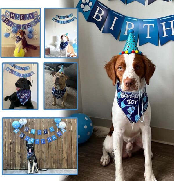 TCBOYING Dog Birthday Bandana, Dog Birthday Boy Hat Scarfs Flag Balloon with Cute Doggie Birthday Party Supplies Decorations (Style1, Blue) - Image 3