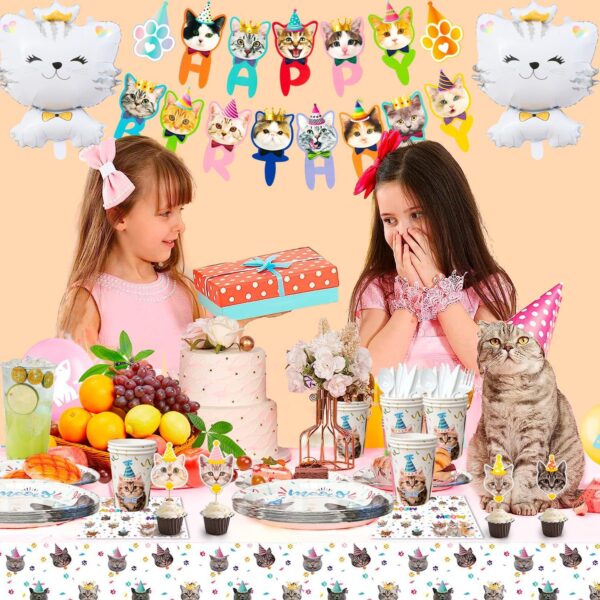 Fruitful Party Cat Supplies, 167pcs Birthday Decorations&Tableware Set-Cat Balloons, Plates Cups and Napkins Table Cloth&Cat Cake Toppers Banner Kitten Party Supplies, 7''&9'' (2023052509) - Image 4