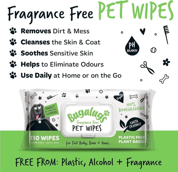 BUGALUGS Dog Wipes, 100% Plastic Free Biodegradable pet wipes for full body, eye wipes, ear wipes, bum & paws. 110 sensitive dog grooming wipes for dogs, puppy & cat grooming (Fragrance Free) - Image 8