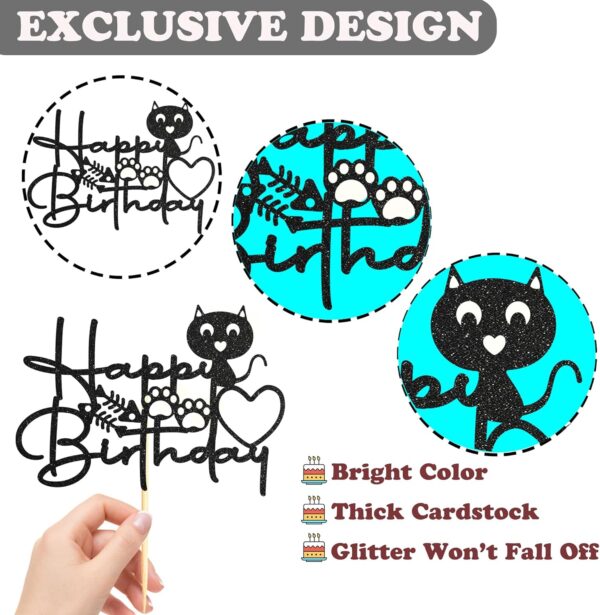 Sotpot Cat Cartoon Happy Birthday Cake Topper 1PCS Black Glitter Kitten Baby Birthday Cake Picks for Cat Kitten Theme Baby Shower Kids Birthday Decoration Supplies - Image 3