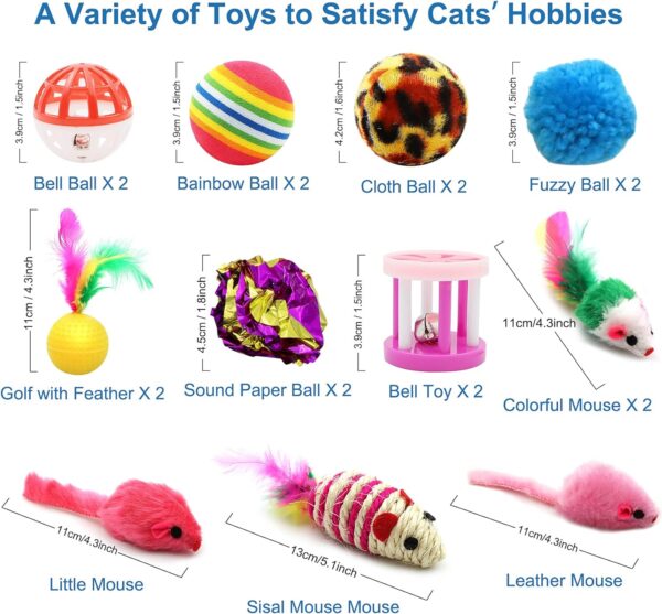 21 PCs Cat Indoor Interactive Toys Kitten Toys Including Three-Hole Tunnel Teaser Wand Golf with Feather Balls and mice - Image 2