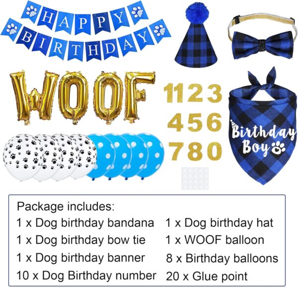 JOTFA Dog Birthday Party Supplies, Plaid Dog Birthday Boy Bandana with Dog Birthday Number Hat Bowtie Paw WOOF Balloons Happy Birthday Banner for Small Medium Large Dogs Pets - Image 3