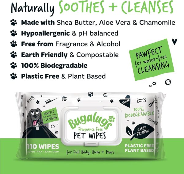 BUGALUGS Dog Wipes, 100% Plastic Free Biodegradable pet wipes for full body, eye wipes, ear wipes, bum & paws. 110 sensitive dog grooming wipes for dogs, puppy & cat grooming (Fragrance Free) - Image 4