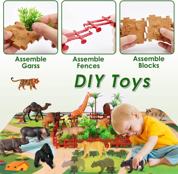 BUYGER Large Size Jungle Wild Animal Figures Toys Set, Realistic Zoo Safari Figure Animal Playset with Play Mat Assemble Puzzle Fence Gift for 3 + Year Old Kids Boy Girl - Image 4