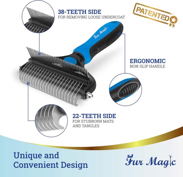 Fur Magic Deshedding and Dematting Comb Double Sided Undercoat Rake Pet Grooming Brush Removing Mats, Knots & Tangles for Dogs and Cats with Long and Medium Hair, Blue - Image 2