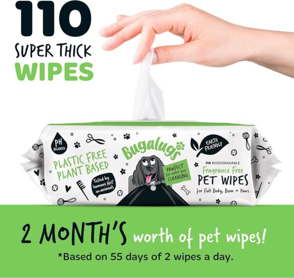 BUGALUGS Dog Wipes, 100% Plastic Free Biodegradable pet wipes for full body, eye wipes, ear wipes, bum & paws. 110 sensitive dog grooming wipes for dogs, puppy & cat grooming (Fragrance Free) - Image 2