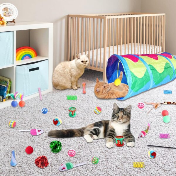 32 Pcs Cat Interactive Toys Indoor Cat Foldable Tunnel Toy Set, Cat Toy Tunnel, Plush Balls, Crinkle Balls, Fluffy Mice, Feather Lures,Cat Teasing Sticks,Cat Toy Supplies - Image 2