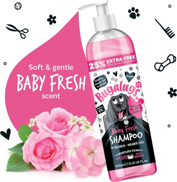 BUGALUGS Baby Fresh Dog Shampoo dog grooming shampoo products for smelly dogs with baby powder scent, best puppy shampoo baby fresh, shampoo conditioner, Vegan pet shampoo professional (625ml) - Image 4