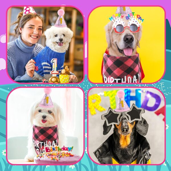 Amaxiu Dog Birthday Party Set, Girl Dog Birthday Bandana Hat with 8 Bling Number Pet Happy Birthday Supplies Glitter Hat Plaid Bandana for Small Medium Large Dogs (Pink) - Image 7