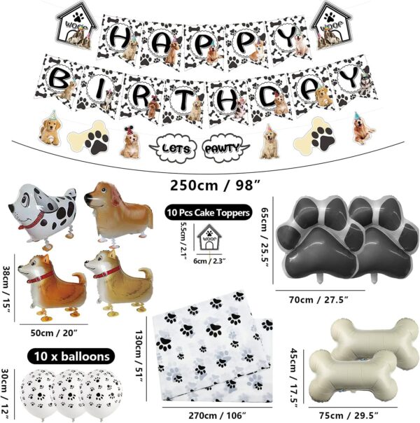 Dog Theme Party Decorations - HAPPY BIRTHDAY Dog Banner, LET'S PAWTY Bunting, Paw Tablecloth, Cake Toppers, 4 Walking Dog Balloons, 14 Paw and Bone Balloons Set for Doggy Puppy Kids Birthday Party (B) - Image 5