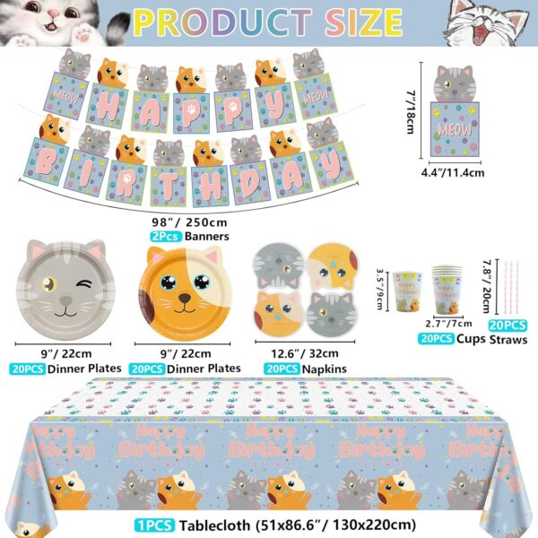 Cat Theme Party Decorations, Includes Cat Happy Birthday Banner, Paper Plates, Tablecloth, Napkins, Cups for Kids Birthday Party Decorations, Kitten Theme Party Supplies, Serves 20 Guests - Image 2