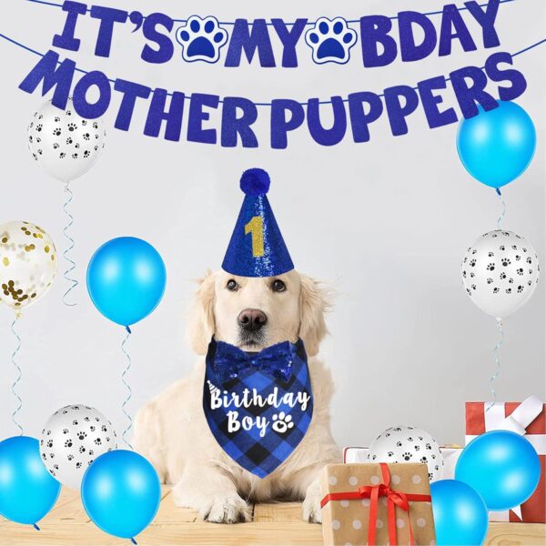 JOTFA Dog Birthday Party Supplies, Multi Sizes Dog Birthday Bandana Boy Dog Birthday Hat Bow Tie Numbers It’s My Bday Mother Puppers Sign Banner for Large Extra Large Dogs Pets (X-Large, Blue) - Image 7