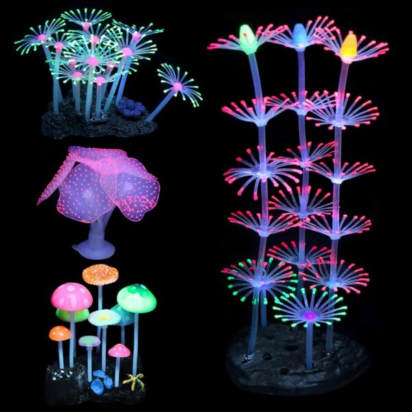 Filhome Glowing Fish Tank Decorations Plants, 4 pcs Glow Aquarium Coral Ornament Decorations Glowing Mushroom Coral Plant Lotus Kelp and Anemone - Image 2