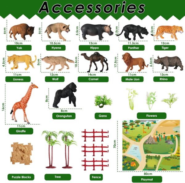 BUYGER Large Size Jungle Wild Animal Figures Toys Set, Realistic Zoo Safari Figure Animal Playset with Play Mat Assemble Puzzle Fence Gift for 3 + Year Old Kids Boy Girl - Image 5