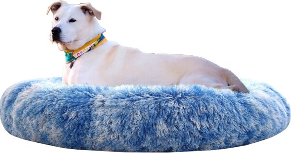 Comlax Calming Donut Dog Beds Small, Round Cushion with Removable Washable Cover, Anti-Anxiety Faux Fur Cuddler, Fluffy Comfy Furry Pet Bed (50cm, Blue) - Image 7