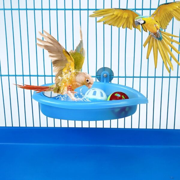 Bird Bath for Cage with Double Mirrors & 3 Balls Hanging Budgie Bath Tub Bird Food Feeder Shower Tray Parrots Bathing Tubs Budgie Toys Accessories for Budgie Parakeet Canary Bird Cage Accessories - Image 4