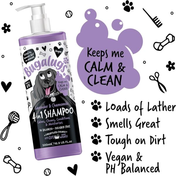 Dog Shampoo by Bugalugs lavender & chamomile 4 in 1 dog grooming shampoo products for smelly dogs, best puppy shampoo, professional groom Vegan pet shampoo & conditioner (1x500ml) - Image 5