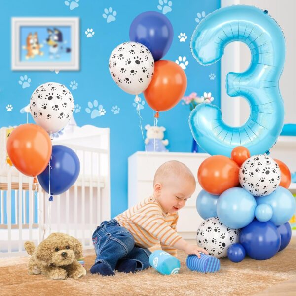 40 Inch Number 3 Balloon Blue, Dog Paw Balloons Tower with Navy Blue Orange and Pastel Blue Balloons for Boys 3rd Birthday Party Decor Kids 3 Year Animal Puppy Dogs Theme Party Supplies - Image 4