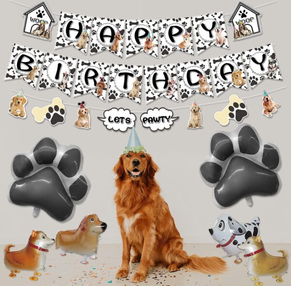 Dog Theme Party Decorations - HAPPY BIRTHDAY Dog Banner, LET'S PAWTY Bunting, Paw Tablecloth, Cake Toppers, 4 Walking Dog Balloons, 14 Paw and Bone Balloons Set for Doggy Puppy Kids Birthday Party (B) - Image 8