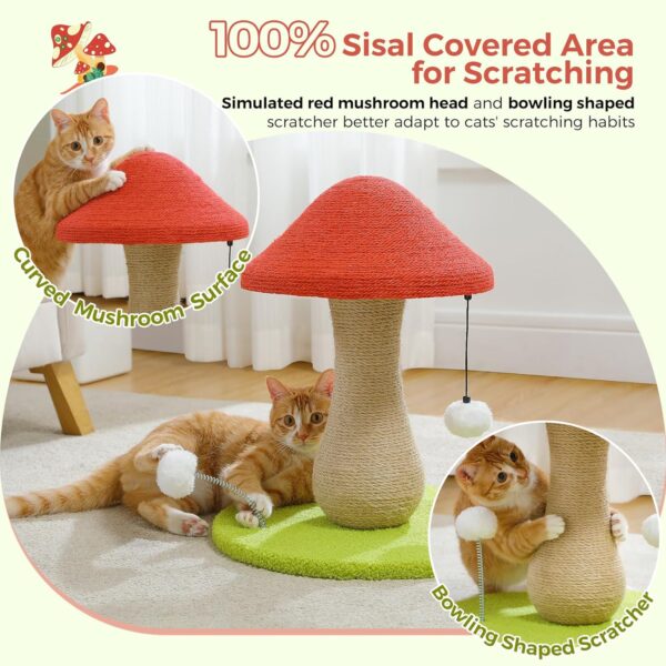 PAWZ Road Cute Cat Scratching Post, Mushroom Cat Scratcher with 100% Sisal Covered Scratching Post & Pompoms Cat Toy, Mushroom Cat Post for Indoor Cats - Image 3