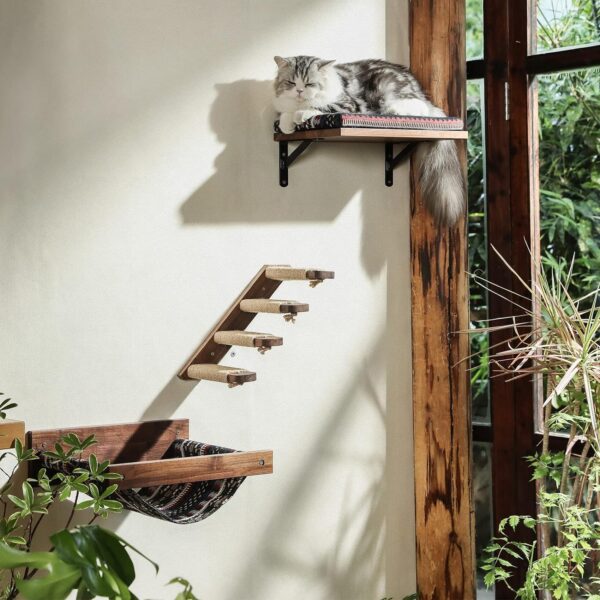 FUKUMARU Cat Climbing Shelf Wall Mounted, Four Step Cat Stairway with Jute Scratching for Cats Perch Platform Supplies (Walnut- Left to Right) - Image 7