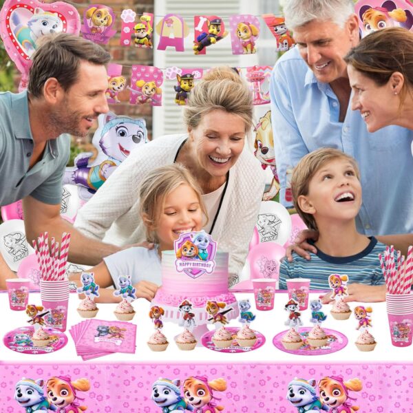 Birthday Decorations,109PCS Paw Dog Party Decorations Kids' Party Tableware Set, Pink Birthday Party Supplies with Birthday Banner, Cake Topper, Balloons, Plates, Napkins, Cups,Straws and Tablecloths - Image 7