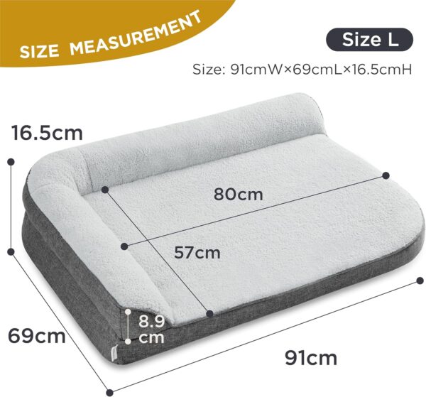 Lesure Large Dog Bed Washable - Orthopedic Dog Sofa Bed with Removable Cover, Waterproof Dog Pillow for Humans with L-Shape Bolster, Grey Squre Pet Bed Fits up to 32kg, 91x69x16cm - Image 5