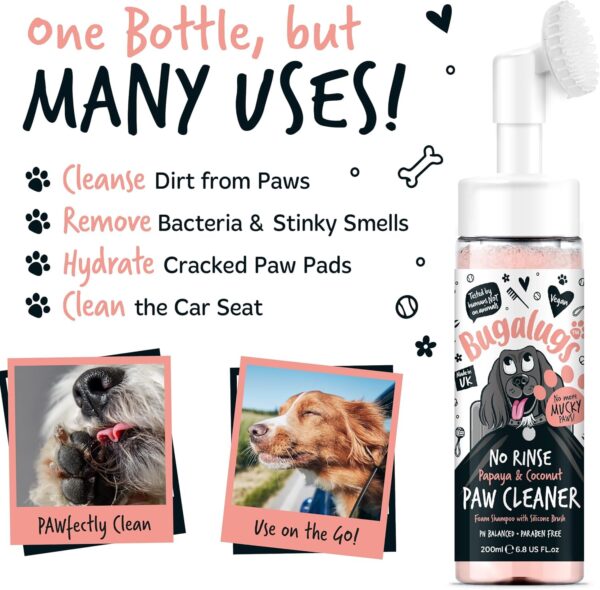 Bugalugs Dog Paw Cleaner No Rinse Foam Cat & Dog shampoo with Silicone Brush Head, waterless grooming products. Travel friendly paw cleaner for dogs defeat muddy paws on the go (Papaya & Coconut) - Image 2